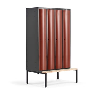 Spind CURVE mit Sitzbank, 4 Module/1 Tür, 2120 x 1200 x 550 mm, Herbstrot