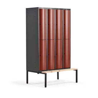 Garderobni ormar "CURVE", sa klupom, 4 x 2 vrata, 2120x1200x550 mm, crvena vrata