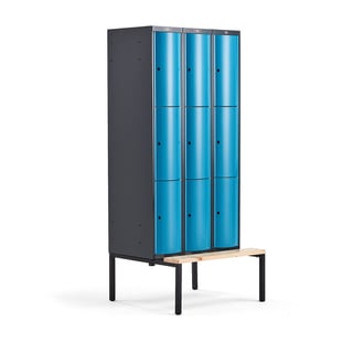 Småfacksskåp CURVE, bänkstativ, 3 sektioner, 9 fack, 2120x900x550 mm, blå metallic