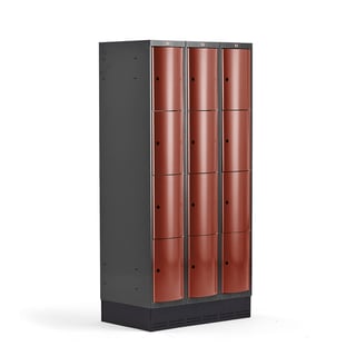 Garderobna omara CURVE, podstavek, 3 x 4 vrata, 1890x900x550 mm, rdeča