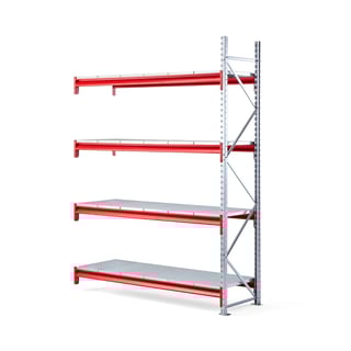 Widespan shelving TOUGH, add-on unit, 2500x1850x600 mm, 4 steel shelves