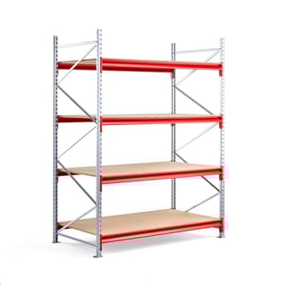 Widespan shelving TOUGH, basic unit, 2500x1900x1000 mm, 4 wooden shelves
