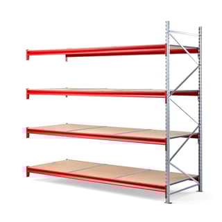 Lagerhylla TOUGH, påbyggnadssektion, 2500x2750x1000 mm, 4 trähyllplan