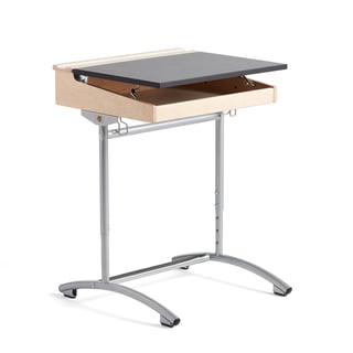 Height-adjustable school desk ACCESS, 650x550 mm, silver, dark grey sound absorbent linoleum