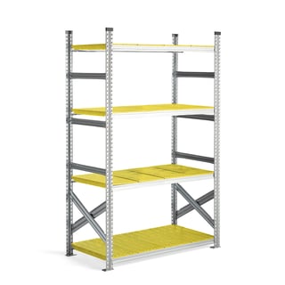 Hyllställ TRANSFORM, grundsektion, 4 plasthyllplan, 1972x1275x600 mm, galvaniserat/gul