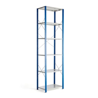 Lagerreol MIX, grunnseksjon, H3000 B865 D600 mm, blå/grå