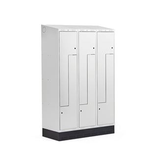 Z-skab CLASSIC, skråt tag, sokkel, 3 sektioner, 6 rum, 2050x1200x550 mm, grå