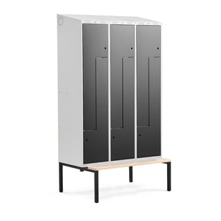 Z-skab CLASSIC, skråt tag, bænkstel, 3 sektioner, 6 rum, 2290x1200x550 mm, sort