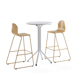 Konferenzmöbel Set VARIOUS & GANDER, Tisch & 2 Barstühle, senfgelb
