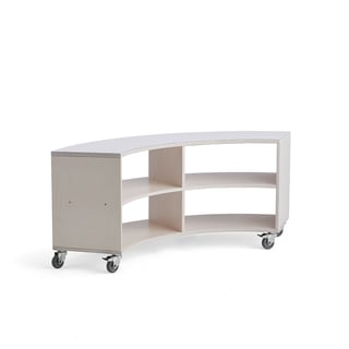 Svängd hylla RICO, 865x1500x375 mm, hjul, vitpigmenterad