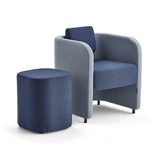 Møbelsæt COMFY, lænestol og siddepuf, med ben, uldstof, himmelblå/marineblå