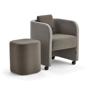 Möbelgrupp COMFY, fåtölj och sittpall, med hjul, ulltyg, sand/brun