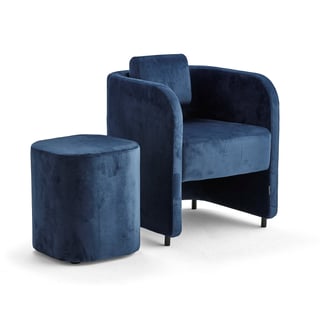 Møbelsæt COMFY, lænestol og siddepuf, med ben, velour, blå