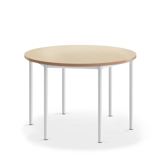 Bord SONITUS, Ø1200 H760 mm, stativ hvit, lyddempende linoleum, beige