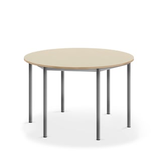 Bord BORÅS, lyddempende, Ø1200 H720 mm, stativ sølv, bordplate bjørk