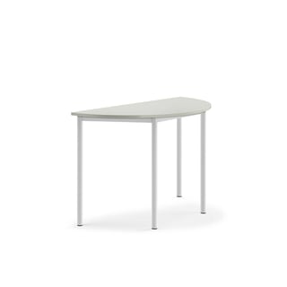 Bord SONITUS, halvrund, 1200x600x760 mm, stativ vit, ljuddämpande högtryckslaminat, grå