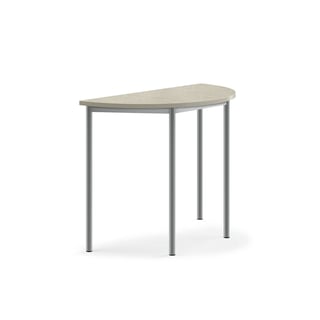 Tisch SONITUS, halbrund, 1200x600x900 mm, Linoleum hellgrau, alugrau