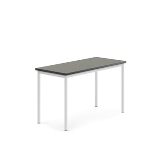 Bord SONITUS, L1200 B600 H720 mm, stativ hvit, lyddempende linoleum, mørk grå