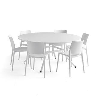 Komplet namještaja VARIOUS + RIO, stol Ø1600 mm + 6 bijelih stolica