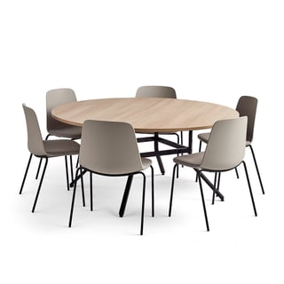 Meubelset VARIOUS + LANGFORD, 1 tafel en 6 grijze stoelen