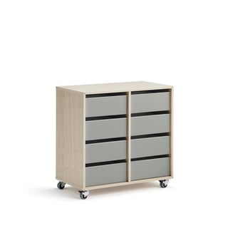 Kommode CASPER, 8 skuffer, bjørk/grå