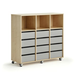 Kommode CASPER, 12 skuffer, 3 topprom, bjørk/grå