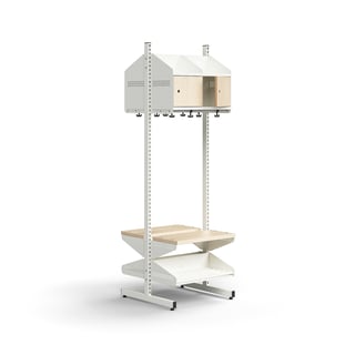 Hatt- och skohylla ENTRY, grundsektion, golvstående, 4 träluckor, 1800x600x600 mm, vit/björk