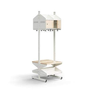 Hatt- och skohylla ENTRY, grundsektion, golvstående, 4 träluckor, 1800x600x600 mm, vit/björk