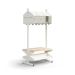 Sko- og hattehylle ENTRY, grunnseksjon, gulvstående, benk, 6 metalldører, H1800 B900 D600 mm, hvit/g