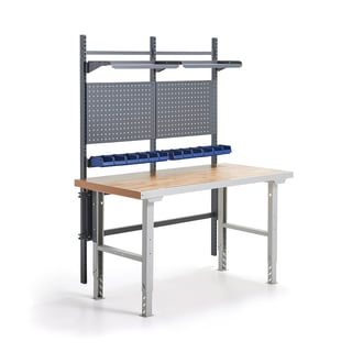 Komplett arbeidsbord SOLID, verktøypaneler, plastbakker, hyller, L1500 B800 mm, eikeparkett