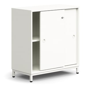 Skåp QBUS, låsbara skjutdörrar, 1 hyllplan, benstativ, handtag, 868x800x400 mm, vit