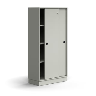 Skap QBUS, låsbare skyvedører m/håndtak, 3 hyller, sokkel, H1636 B800 D400 mm, lys grå