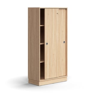 Skåp QBUS, låsbara skjutdörrar, 3 hyllplan, sockel, handtag, 1636x800x400 mm, ek