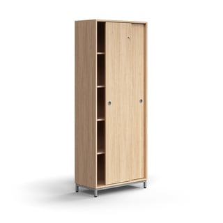 Skåp QBUS, låsbara skjutdörrar, 4 hyllplan, benstativ, handtag, 2020x800x400 mm, silver, ek