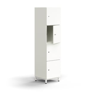 Förvaringsskåp QBUS, 4 låsbara fack, benstativ, 1636x400x420 mm, vit