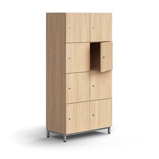Förvaringsskåp QBUS, 8 låsbara fack, benstativ, 1636x800x420 mm, silver, ek