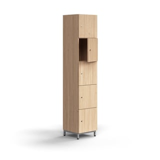 Nodalījumu skapis QBUS, slēdzams, 5 nodalījumi, kāju rāmis, 2020x400x420 mm, sudrabots, ozols