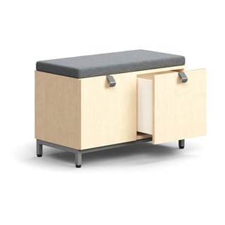 Opbergbank met laden QBUS, potenframe, handgreep, 534 x 800 x 420 mm, zilver, berken, grijs kussen
