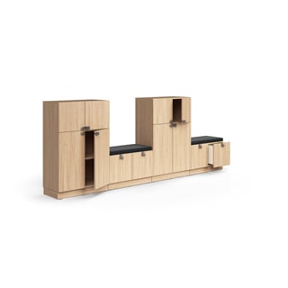 Opbevaringsløsning QBUS, 2 skabe + 2 opbevaringsbænke, sokkel, greb, 1252x3200x420 mm, birk, mørkegr