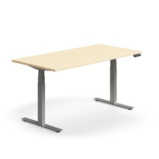Skrivebord QBUS, hev/senk, L1600 B800 mm, sølv, bjørk