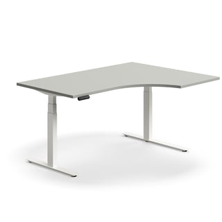 Výškovo nastaviteľný stôl QBUS, rohový, 1600x1200 mm, biely rám, svetlošedá