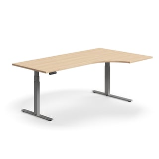 Hörnskrivbord QBUS, höj- och sänkbart, 2000x1200 mm, silver, ek