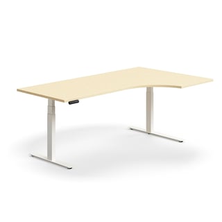 Hörnskrivbord QBUS, höj- och sänkbart, 2000x1200 mm, vit, björk