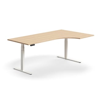 Hörnskrivbord QBUS, höj- och sänkbart, 2000x1200 mm, vit, ek