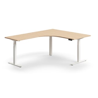 Biurko z regulacją wysokości QBUS, kształt L, 1600x2000 mm, biała rama, dąb