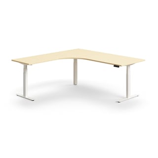 Hörnskrivbord QBUS, höj- och sänkbart, 2000x2000 mm, vit, björk