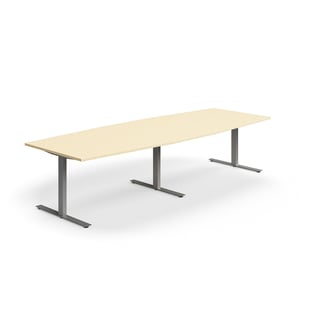Konferenztisch QBUS, Bootsform, 3200x1200 mm, T-Gestell, silber/birke