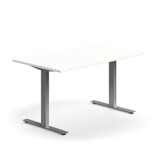 Skrivebord QBUS, lige, 1400x800 mm, T-stel, sølvfarvet stel, hvid