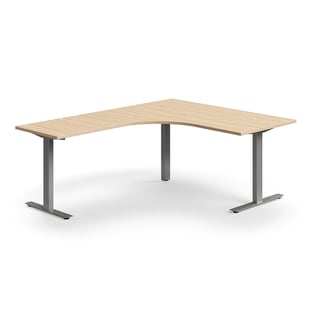 Hörnskrivbord QBUS, T-stativ, 1600x2000 mm, silver, ek
