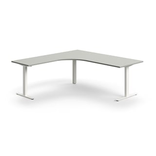 Hörnskrivbord QBUS, T-stativ, 2000x2000 mm, vit, ljusgrå